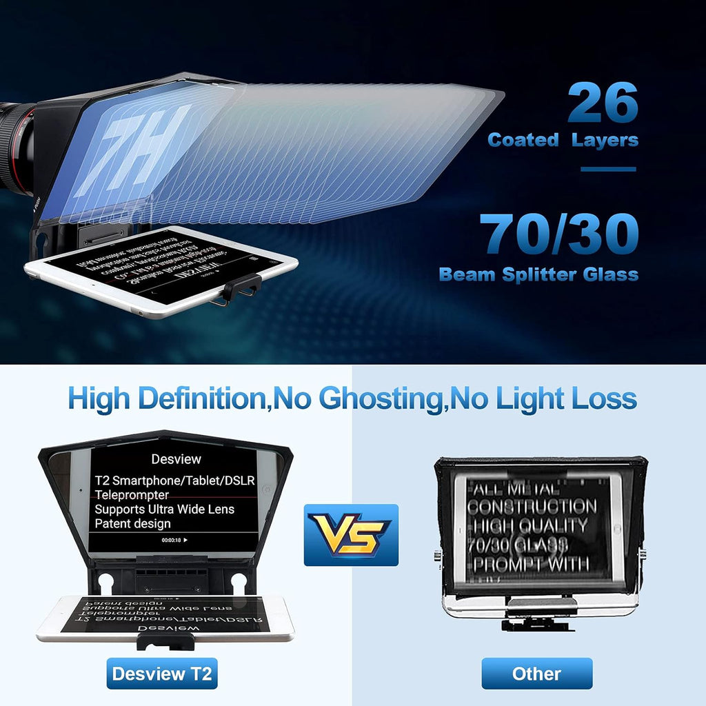 Desview T2 Protable Teleprompter 70/30 Beam Splitter Glass with APP Remote Control Pack of 2 O676