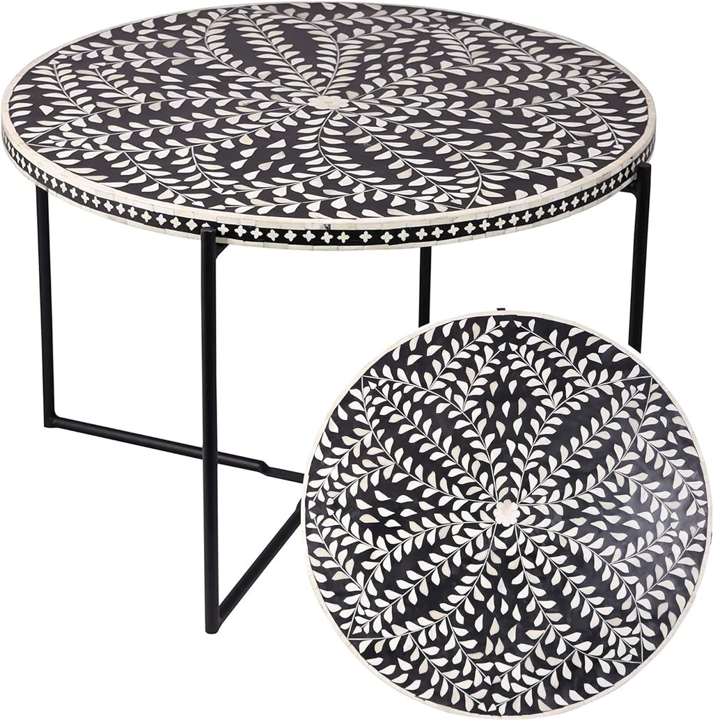 Round Coffee Table 30”W X 19”H Wooden Floral Top Metal Legs Black W74938
