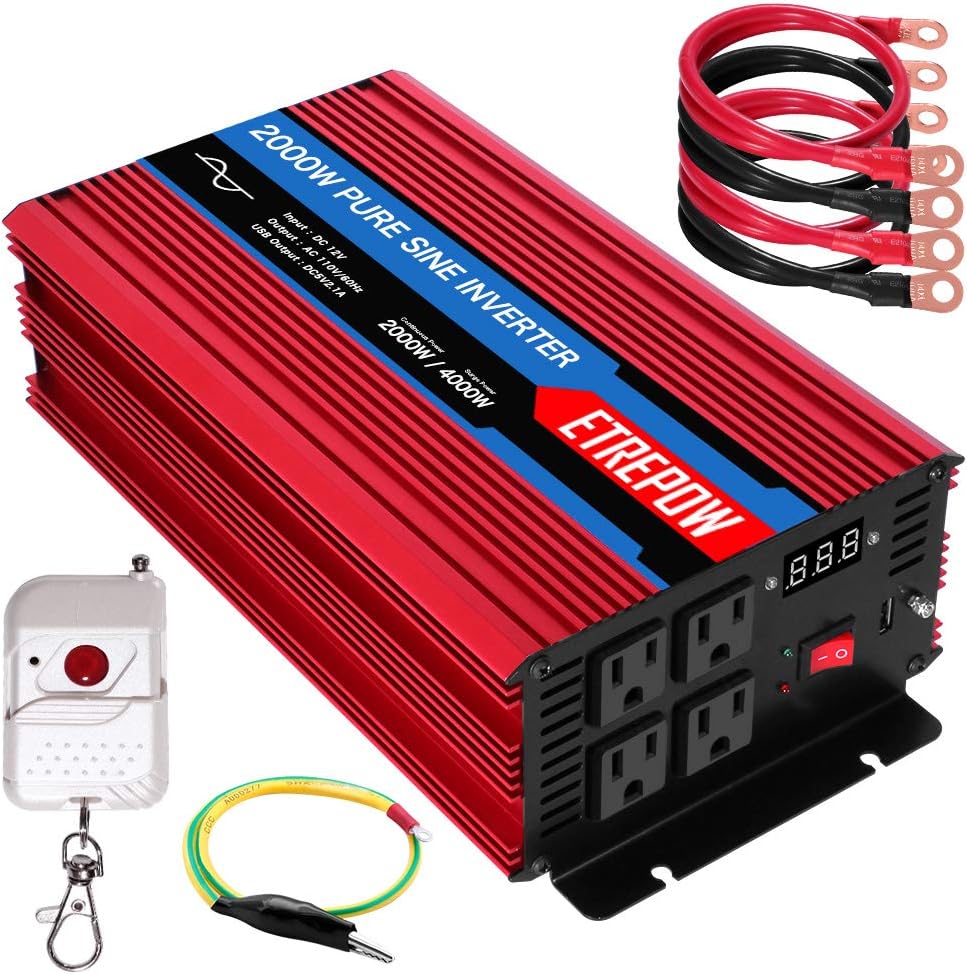 2000 Watt Pure Sine Wave Power Inverter 12V DC to 110V AC Wireless Remote Control D80334