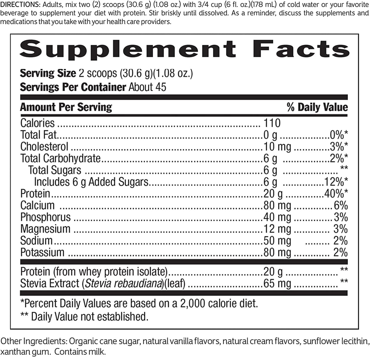 100% Whey Protein Vanilla 20g 48.5oz Vegetarian Gluten Free Non-GMO Grass-Fed D4184