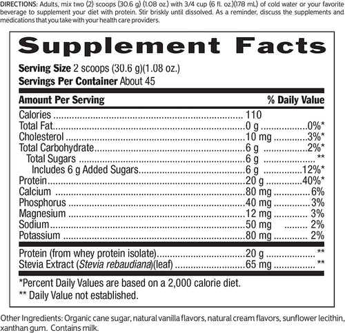 100% Whey Protein Vanilla 20g 48.5oz Vegetarian Gluten Free Non-GMO Grass-Fed D4184