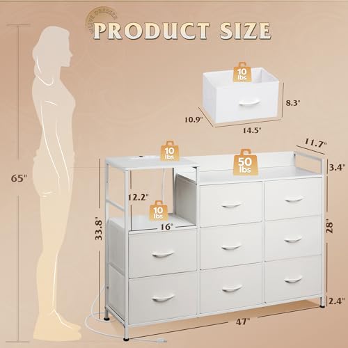 White 8 Drawer Fabric Dresser with Charging Station B7568