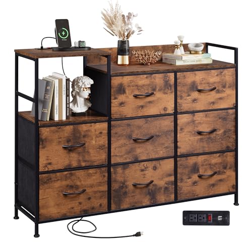 White 8 Drawer Fabric Dresser with Charging Station B7568