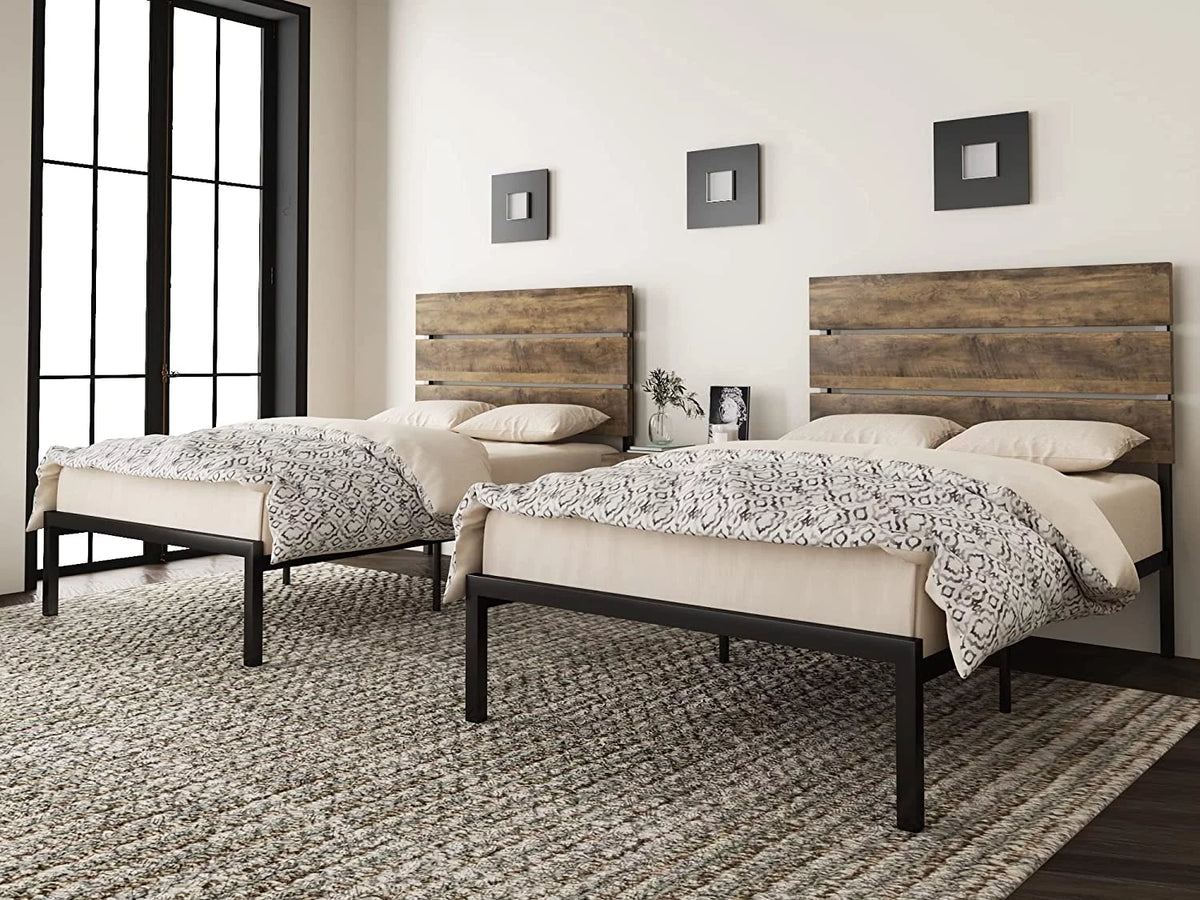 Queen Size Rustic Industrial Platform Bed Frame with Wood Headboard T93618