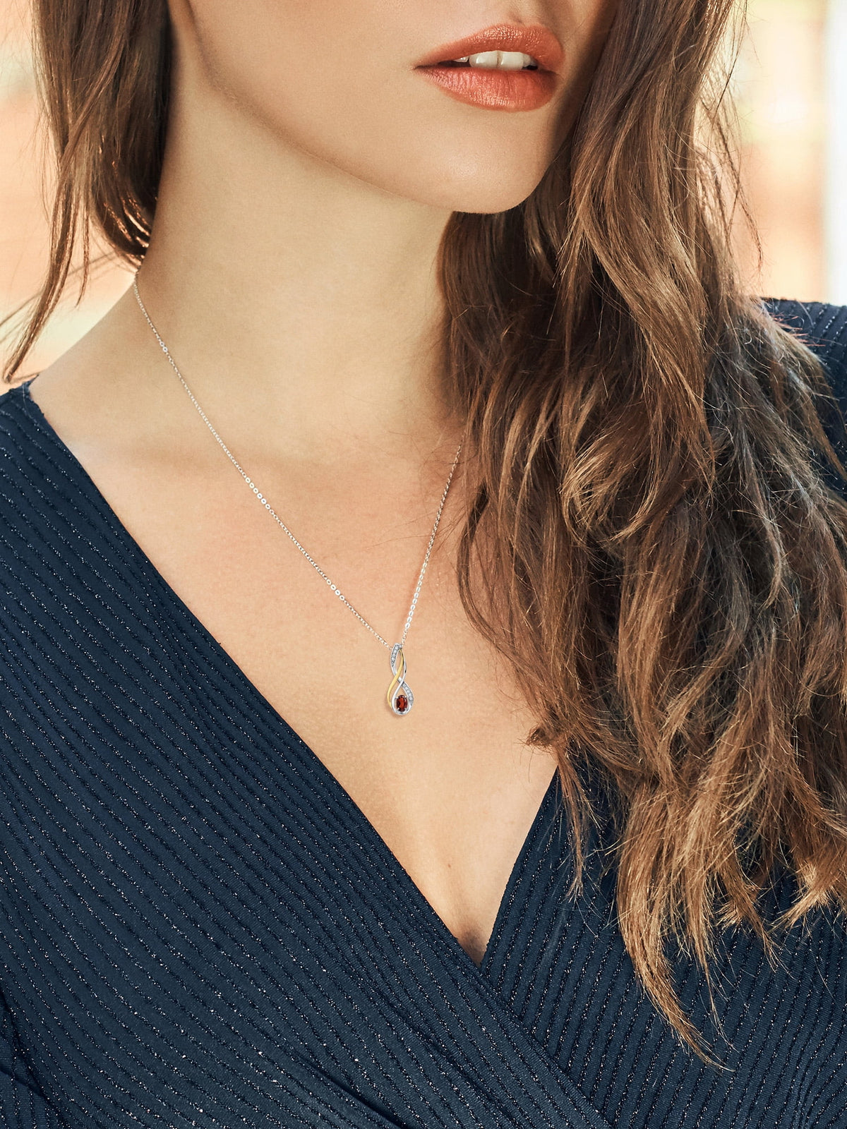 10K Yellow Gold and 925 Sterling Silver Red Garnet and White Lab Grown Diamond Pendant Necklace D383