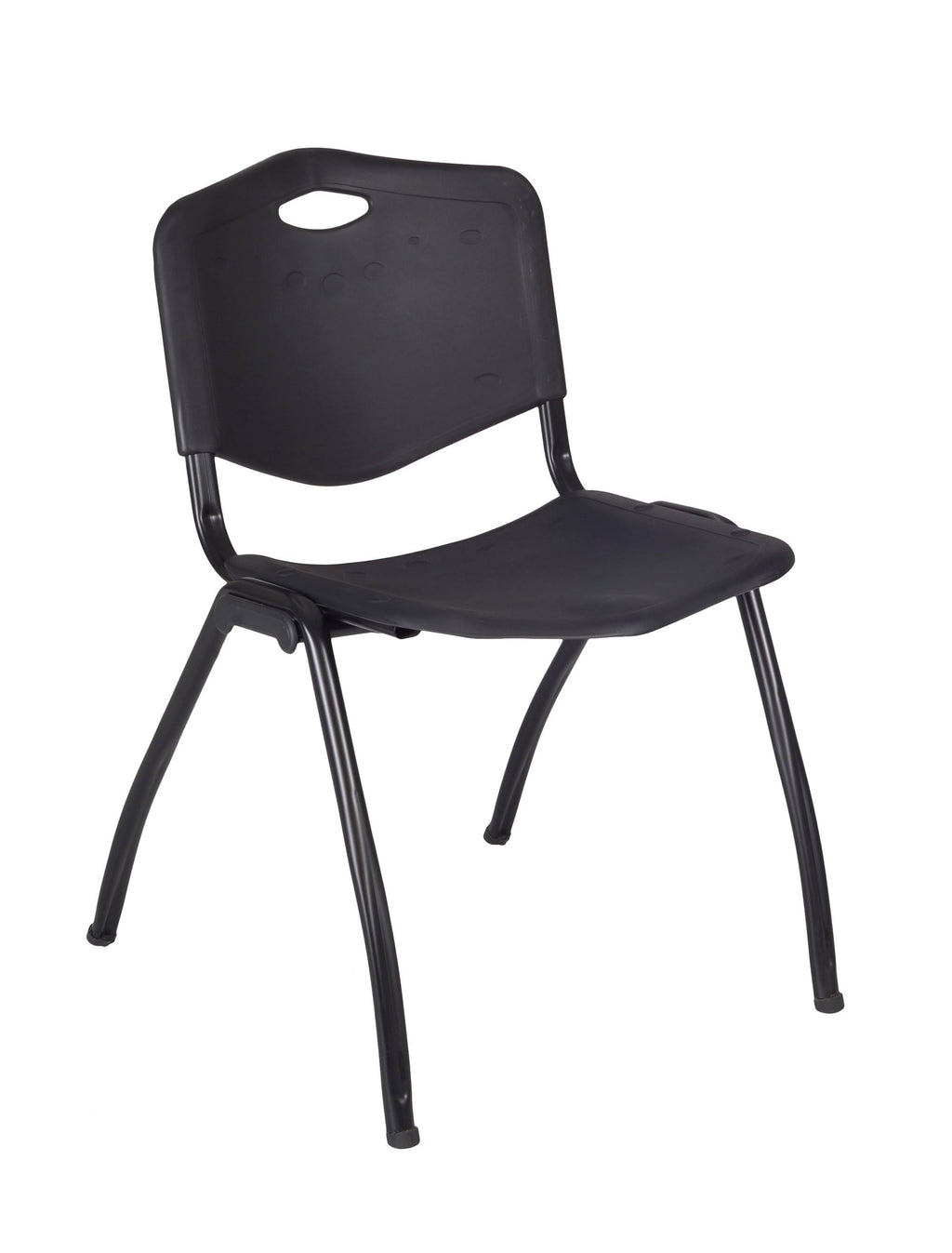 Mocha Walnut Round Breakroom Table and 4 Black Stack Chairs O9662