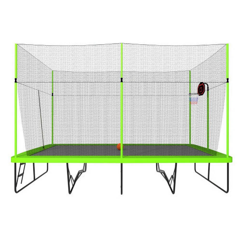 10ft by 17ft Rectangular Trampoline with Green Fabric Black Powder-coated Galvanized Steel Tubes with Basketball Hoop System G4614