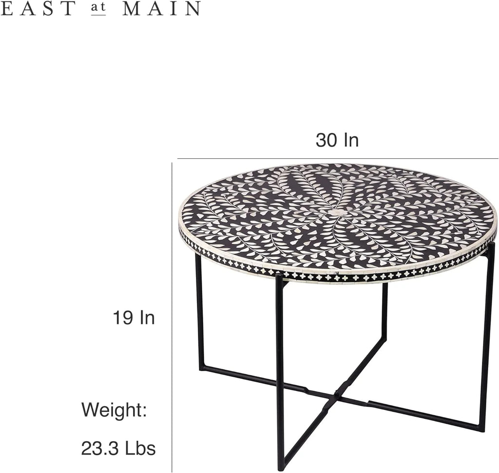Round Coffee Table 30”W X 19”H Wooden Floral Top Metal Legs Black W74938