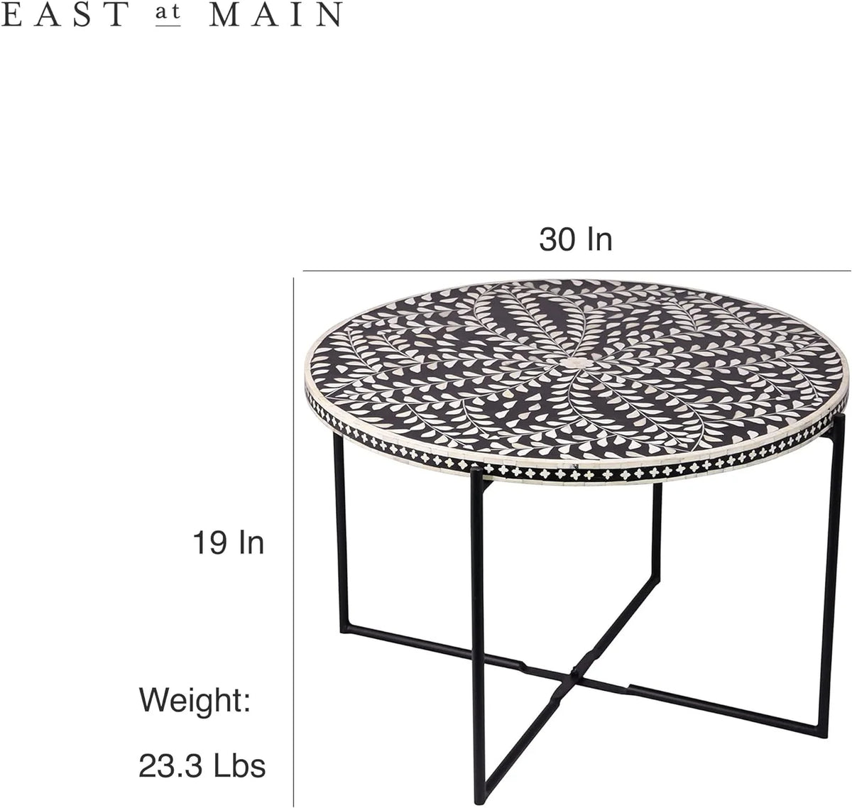 Round Coffee Table 30”W X 19”H Wooden Floral Top Metal Legs Black W74938