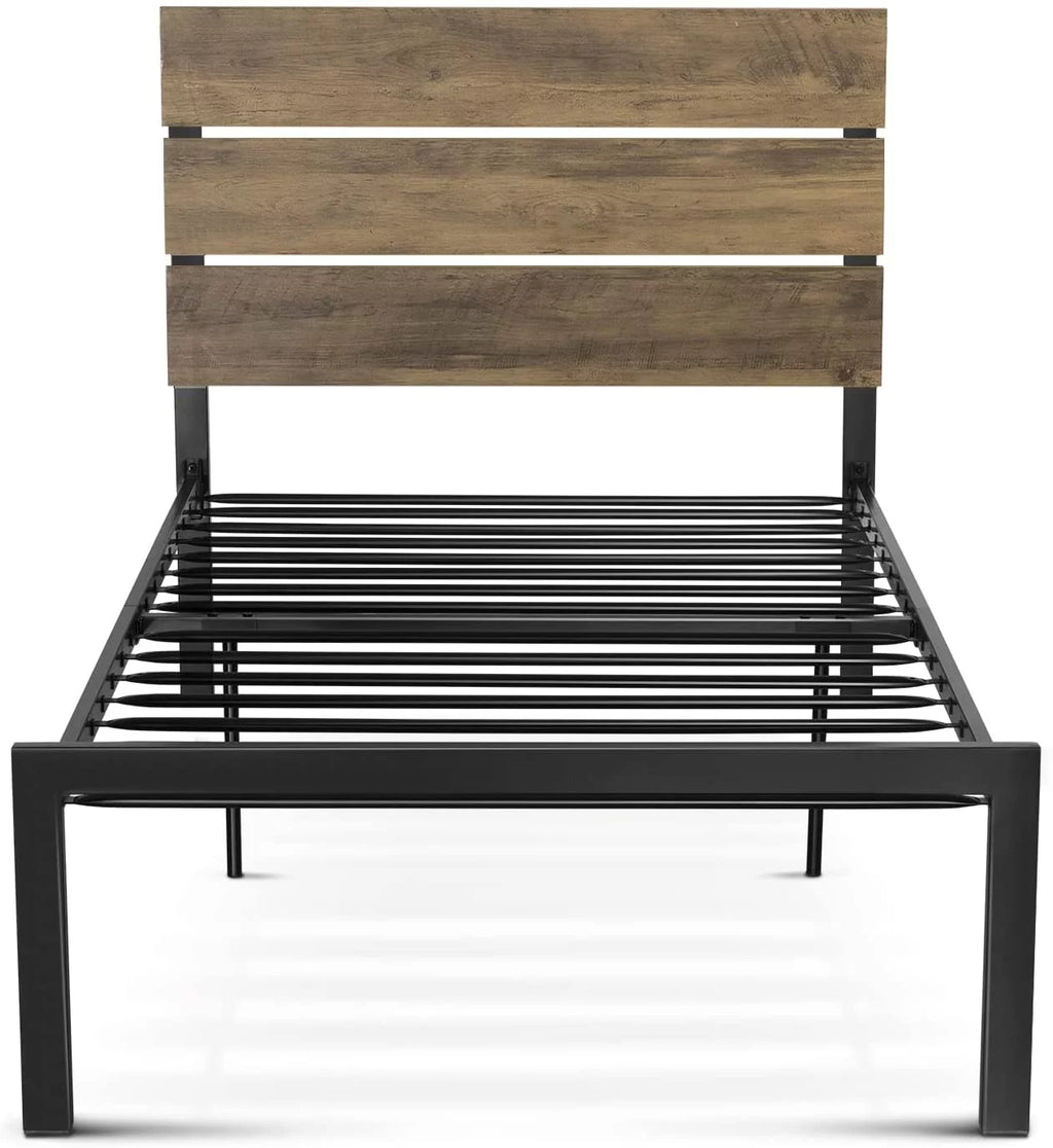 Queen Size Rustic Industrial Platform Bed Frame with Wood Headboard T93618