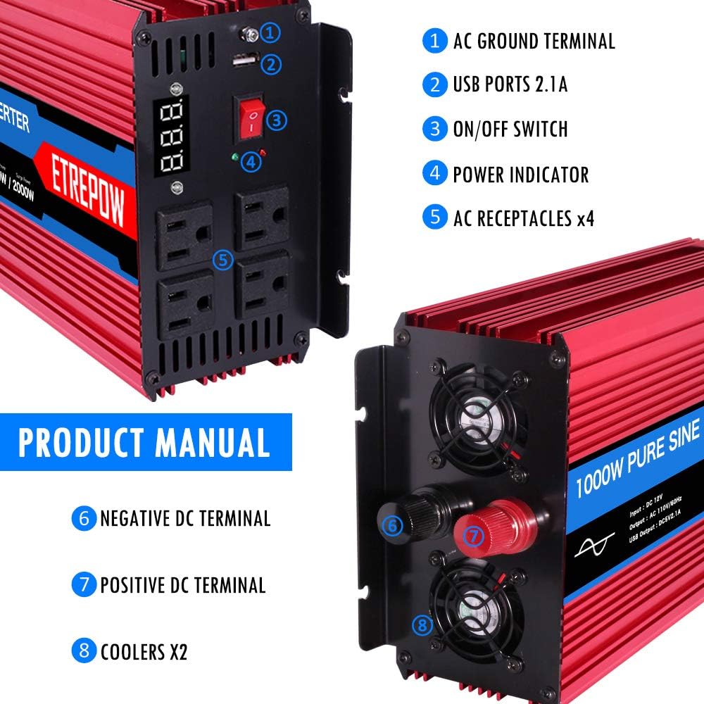 2000 Watt Pure Sine Wave Power Inverter 12V DC to 110V AC Wireless Remote Control D80334