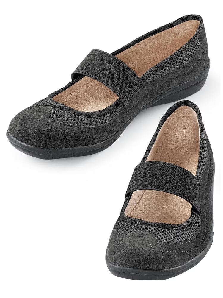Black Slip-On Mary Jane Shoes with Stretchable Strap and Rubber Sole I294574