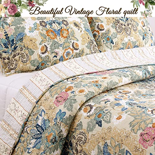 3-Piece Beige Blue Floral Cotton Reversible Queen Quilt Bedding Set H22447