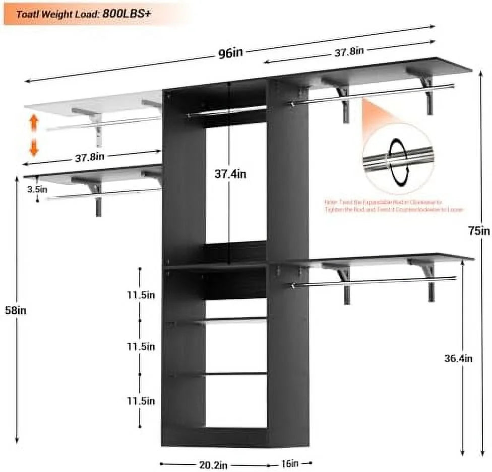 96'' 8FT Walk In Closet Organizer with 3 Shelving Towers A791963