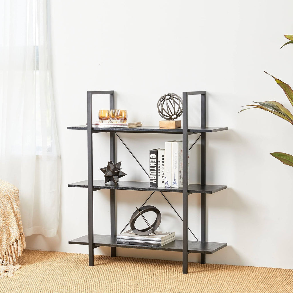 Black Wood Metal 3-Tier Bookcase S2472
