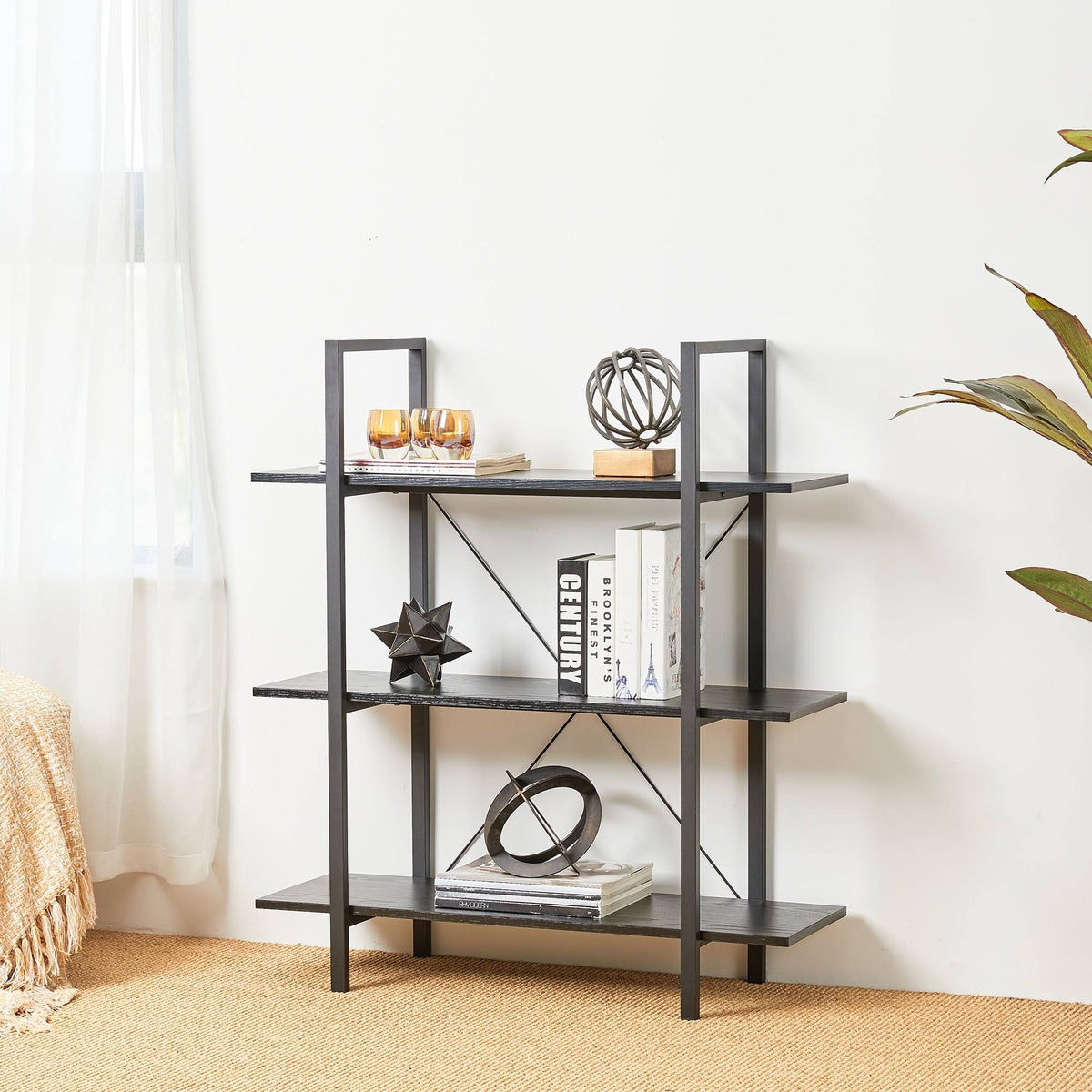 Black Wood Metal 3-Tier Bookcase S2472