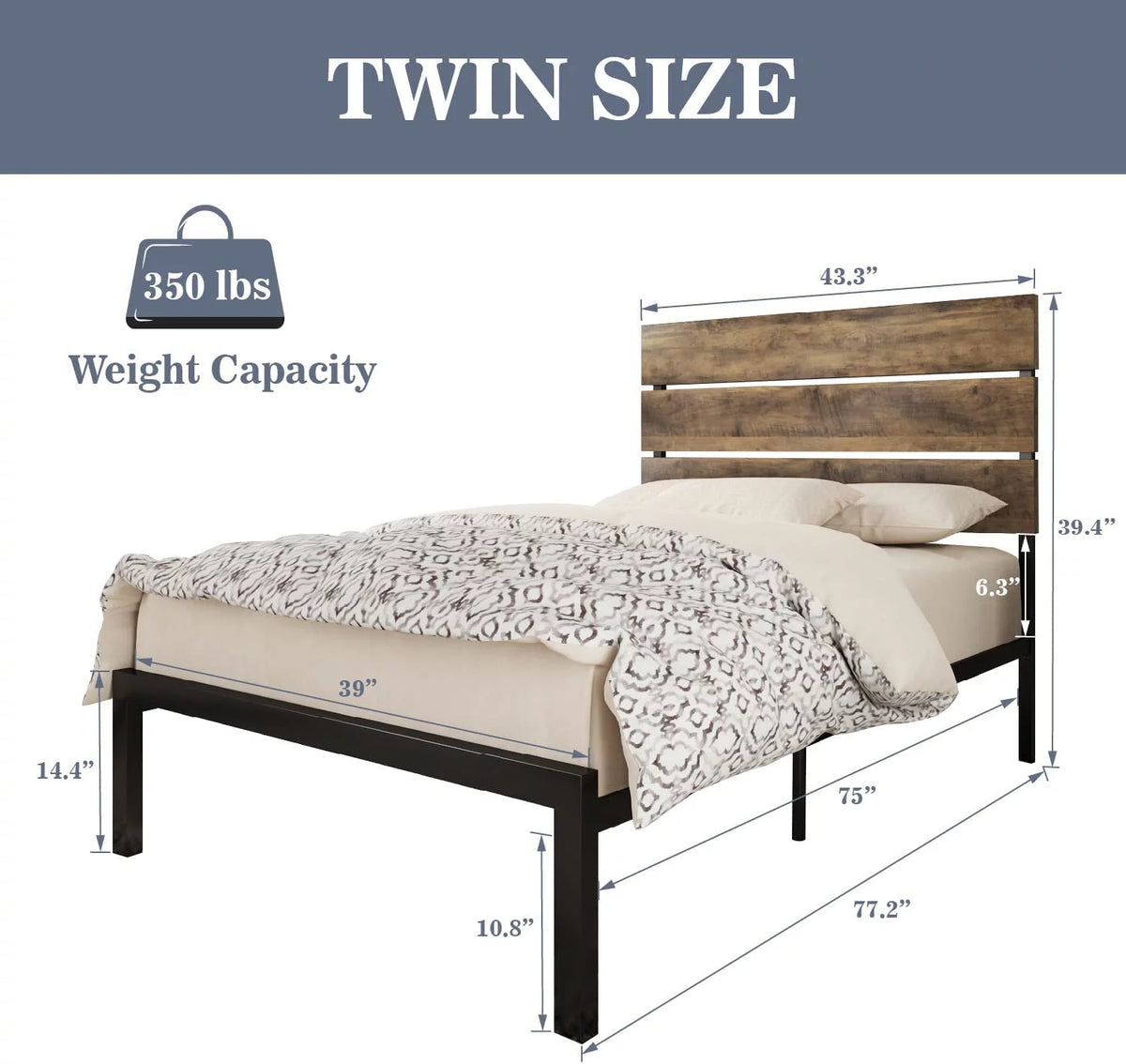 Queen Size Rustic Industrial Platform Bed Frame with Wood Headboard T93618