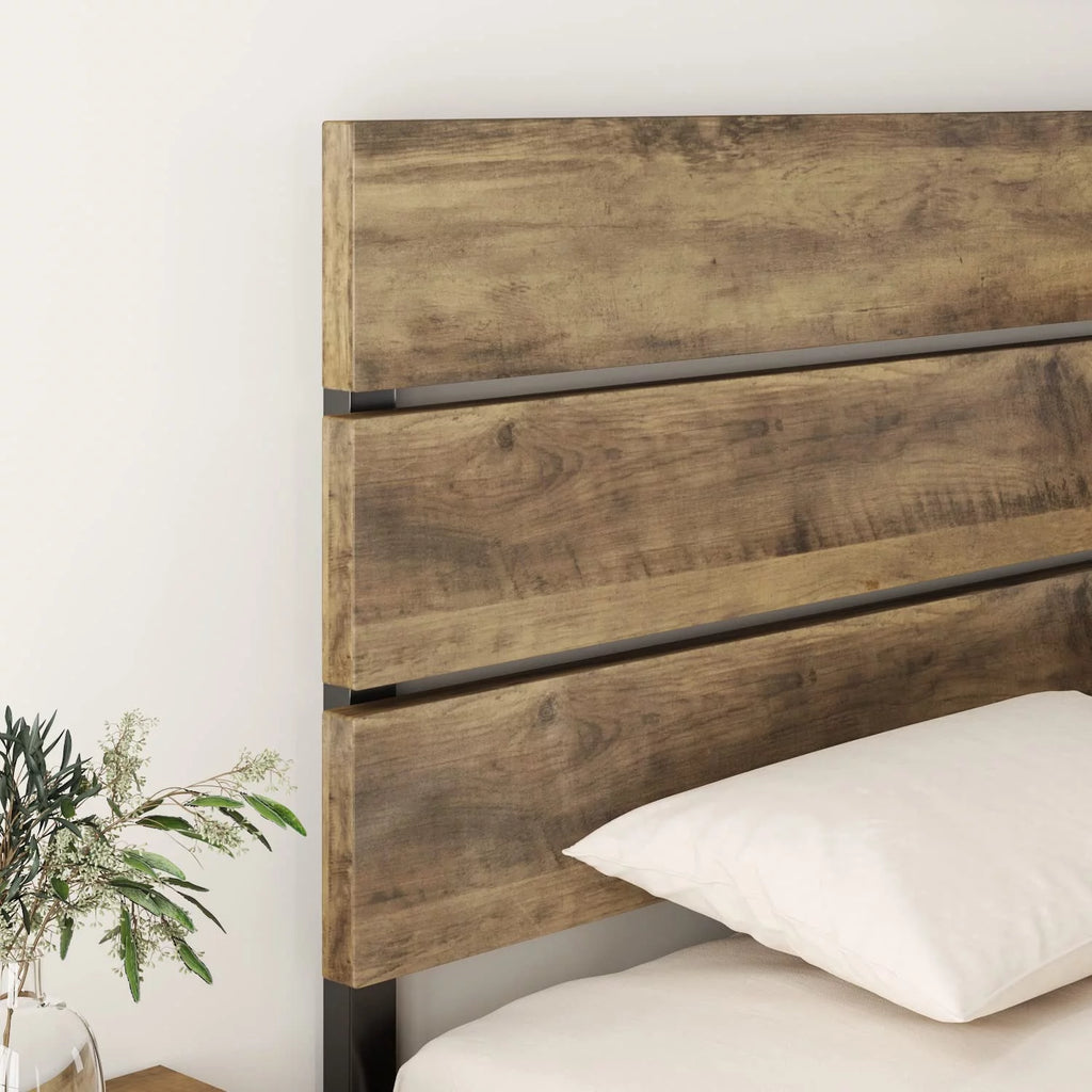Queen Size Rustic Industrial Platform Bed Frame with Wood Headboard T93618
