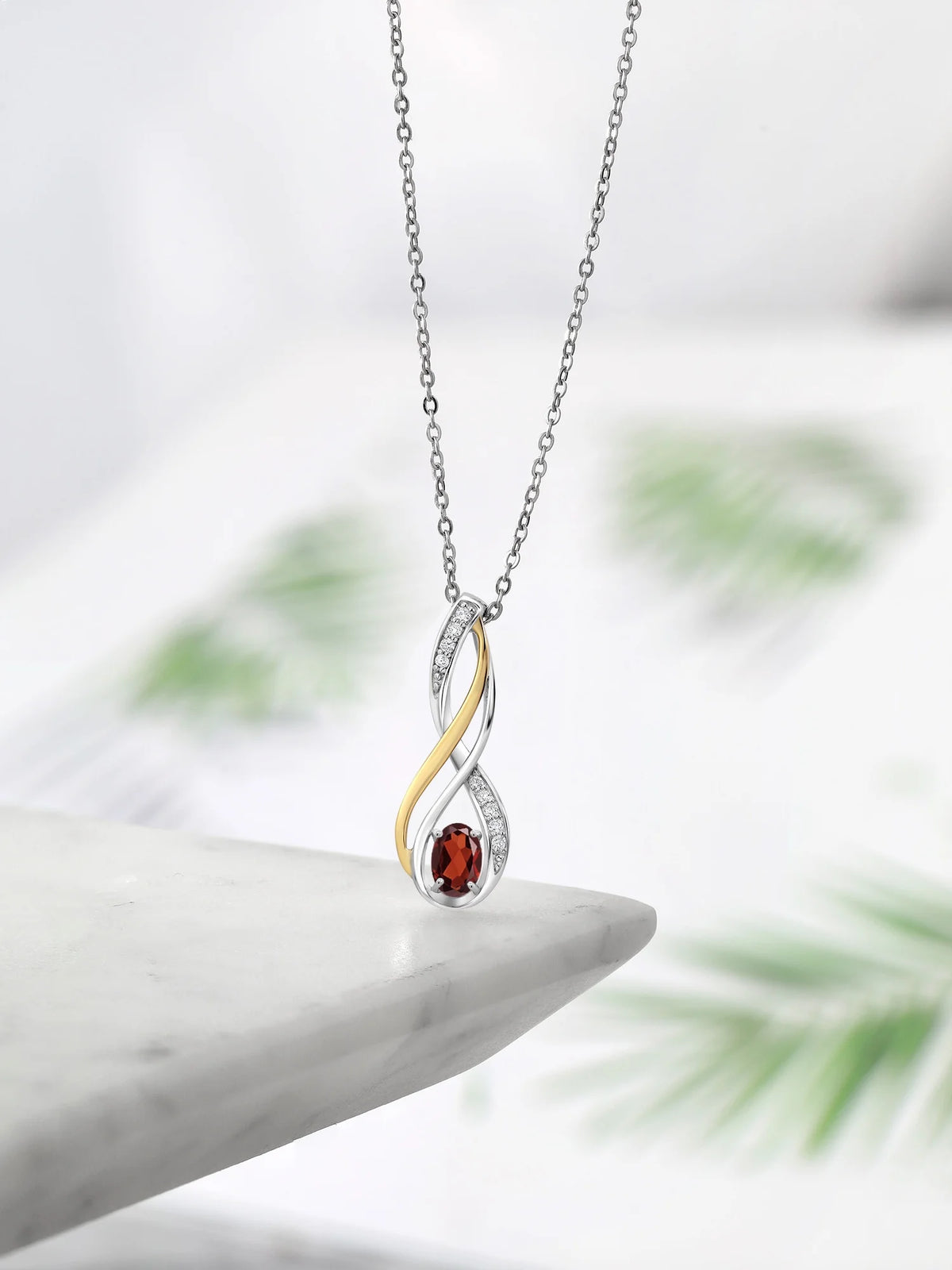 10K Yellow Gold and 925 Sterling Silver Red Garnet and White Lab Grown Diamond Pendant Necklace D383