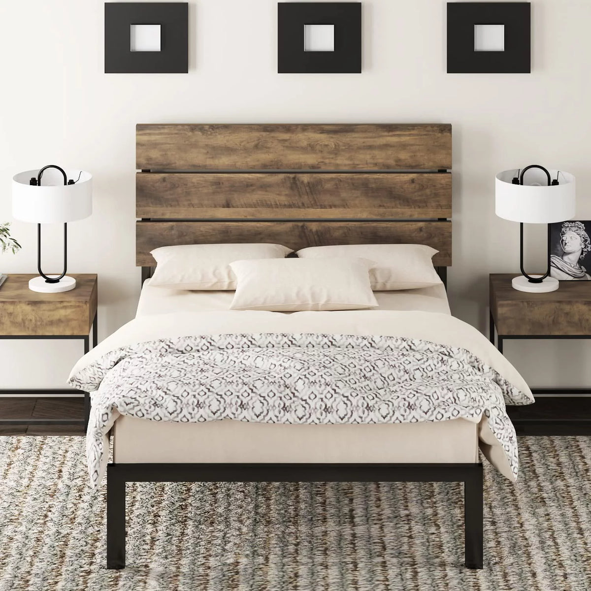 Queen Size Rustic Industrial Platform Bed Frame with Wood Headboard T93618
