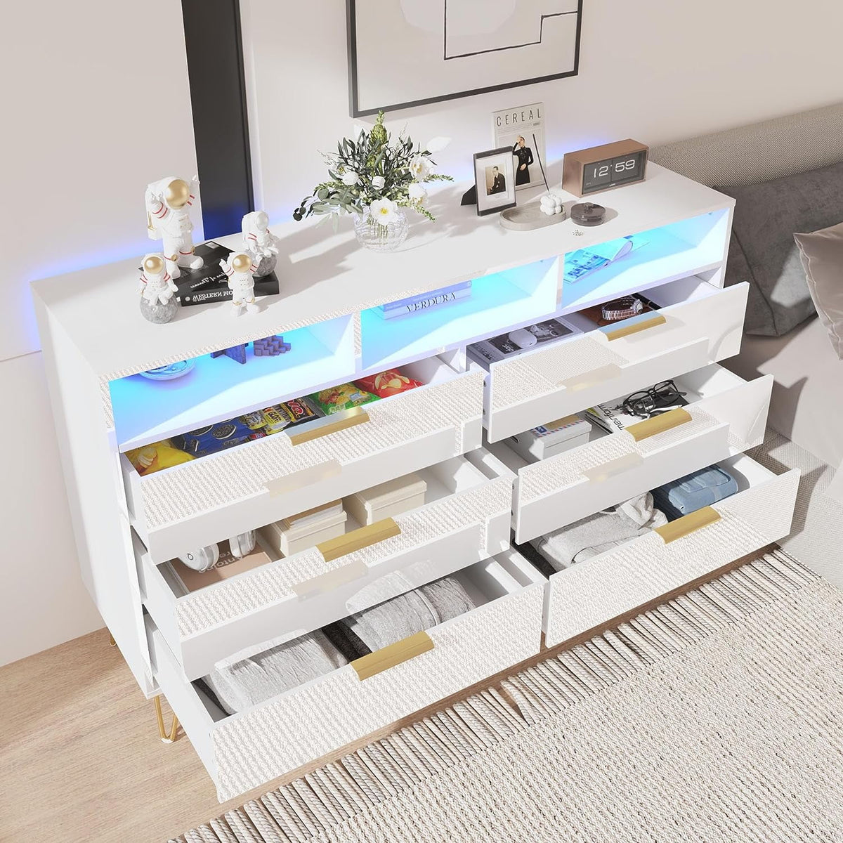 White 6 Drawer Wood Dresser with LED Lights T136484