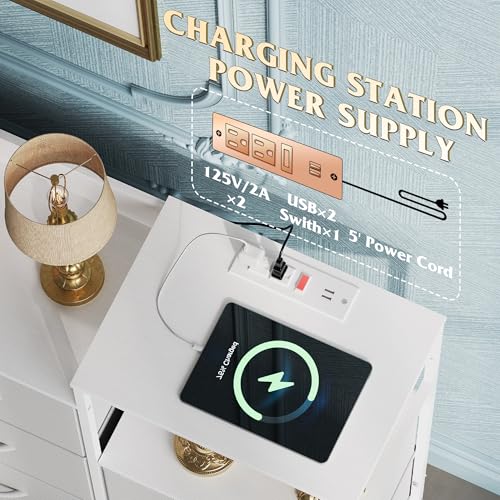 White 8 Drawer Fabric Dresser with Charging Station B7568