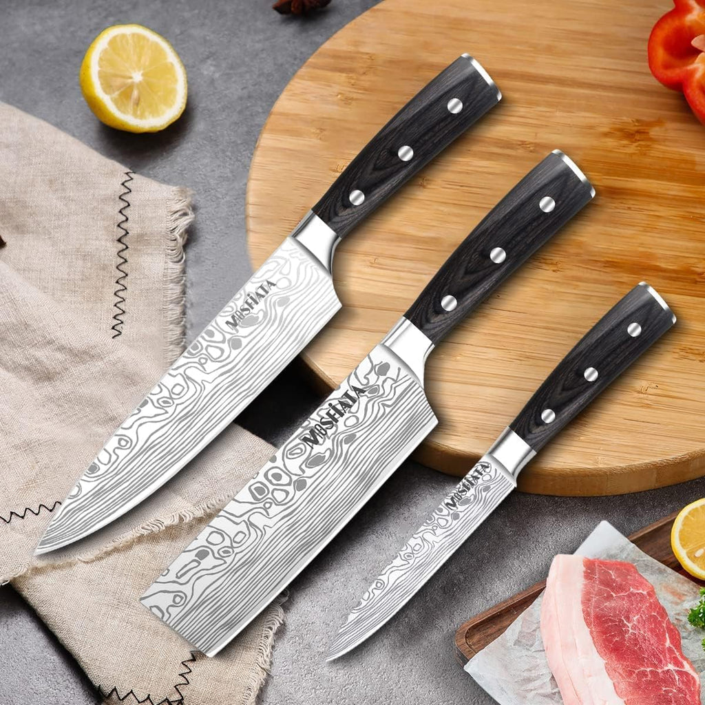 3 PCS German High Carbon Stainless Steel Chef Knife Set with Magnetic Knife Block H9151