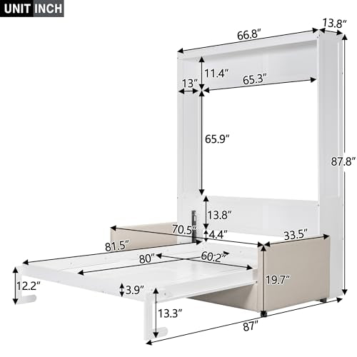 White Queen Size Wood Murphy Bed with Cushion V773285