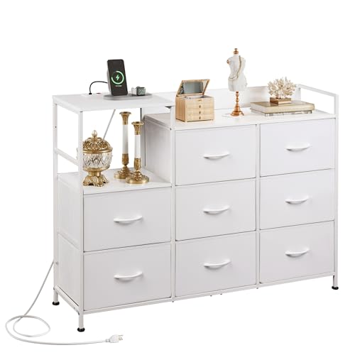 White 8 Drawer Fabric Dresser with Charging Station B7568