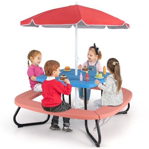8-Person Kids Picnic Table with Umbrella and 4 Benches D36791
