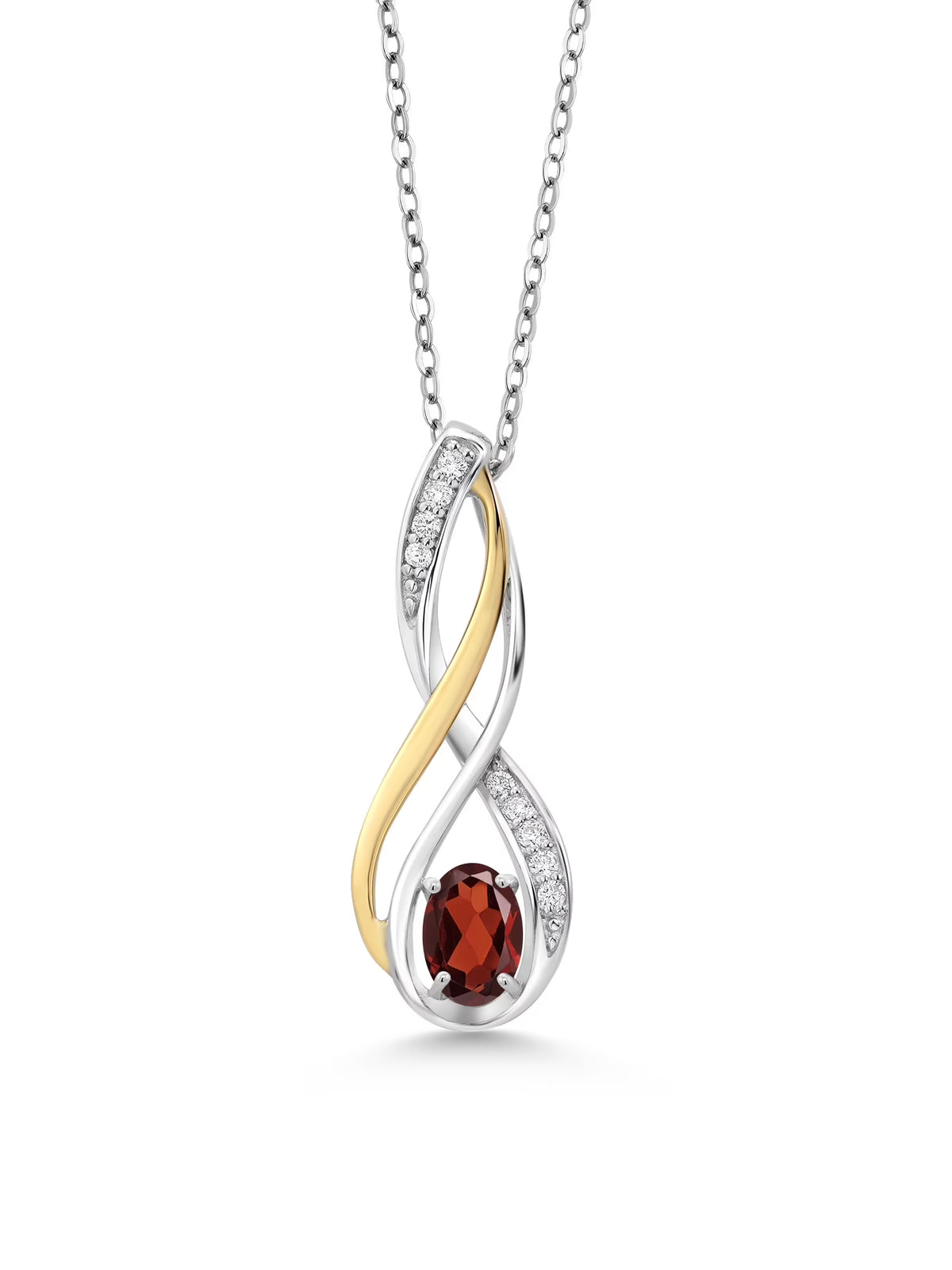 10K Yellow Gold and 925 Sterling Silver Red Garnet and White Lab Grown Diamond Pendant Necklace D383