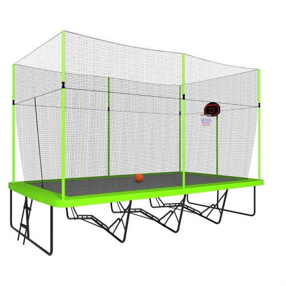10ft by 17ft Rectangular Trampoline with Green Fabric Black Powder-coated Galvanized Steel Tubes with Basketball Hoop System G4614