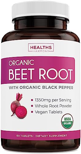 Organic Beet Root Powder 120 Tablets 1350mg Beets Per Serving with Black Pepper I156144