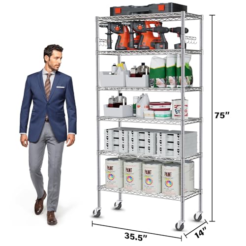 5 Tier Heavy Duty Metal Rolling Shelving Unit with Wheels & 8 Hooks, Black Y113647