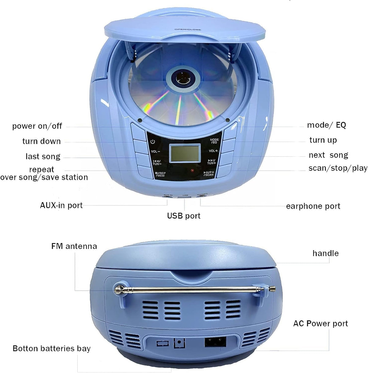 CD Player Boombox Portable Stereo Audio Morandi Blue Pack of 2 K40228