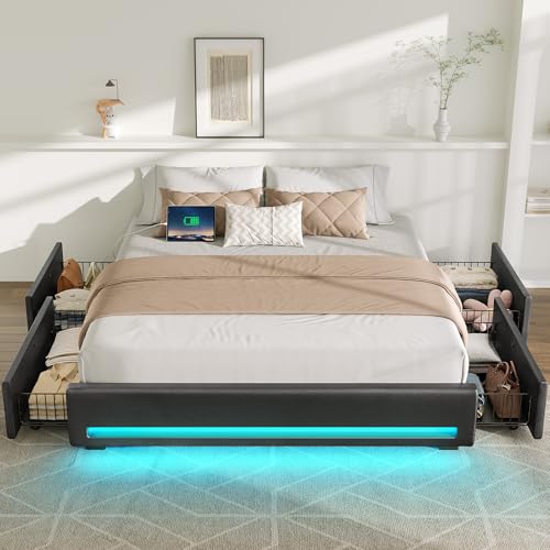 Black Twin Size Upholstered Platform Bed Frame with 4 Storage Drawers I4536