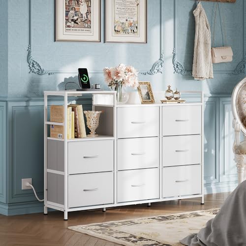 White 8 Drawer Fabric Dresser with Charging Station B7568