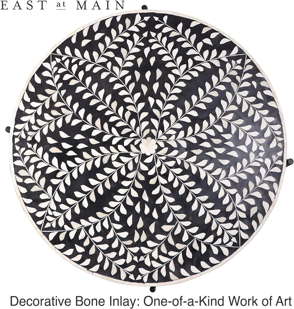 Round Coffee Table 30”W X 19”H Wooden Floral Top Metal Legs Black W74938