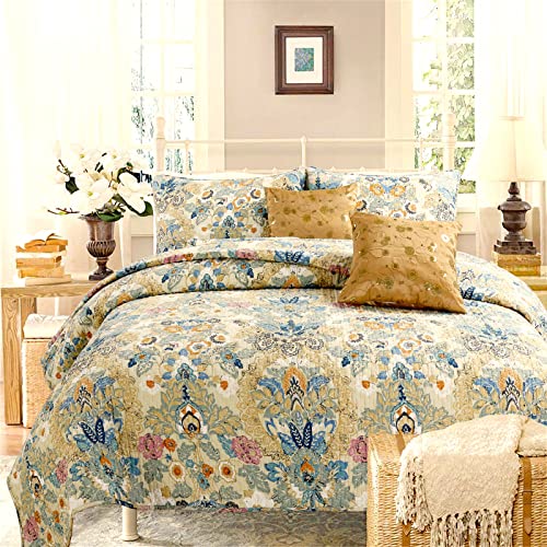3-Piece Beige Blue Floral Cotton Reversible Queen Quilt Bedding Set H22447