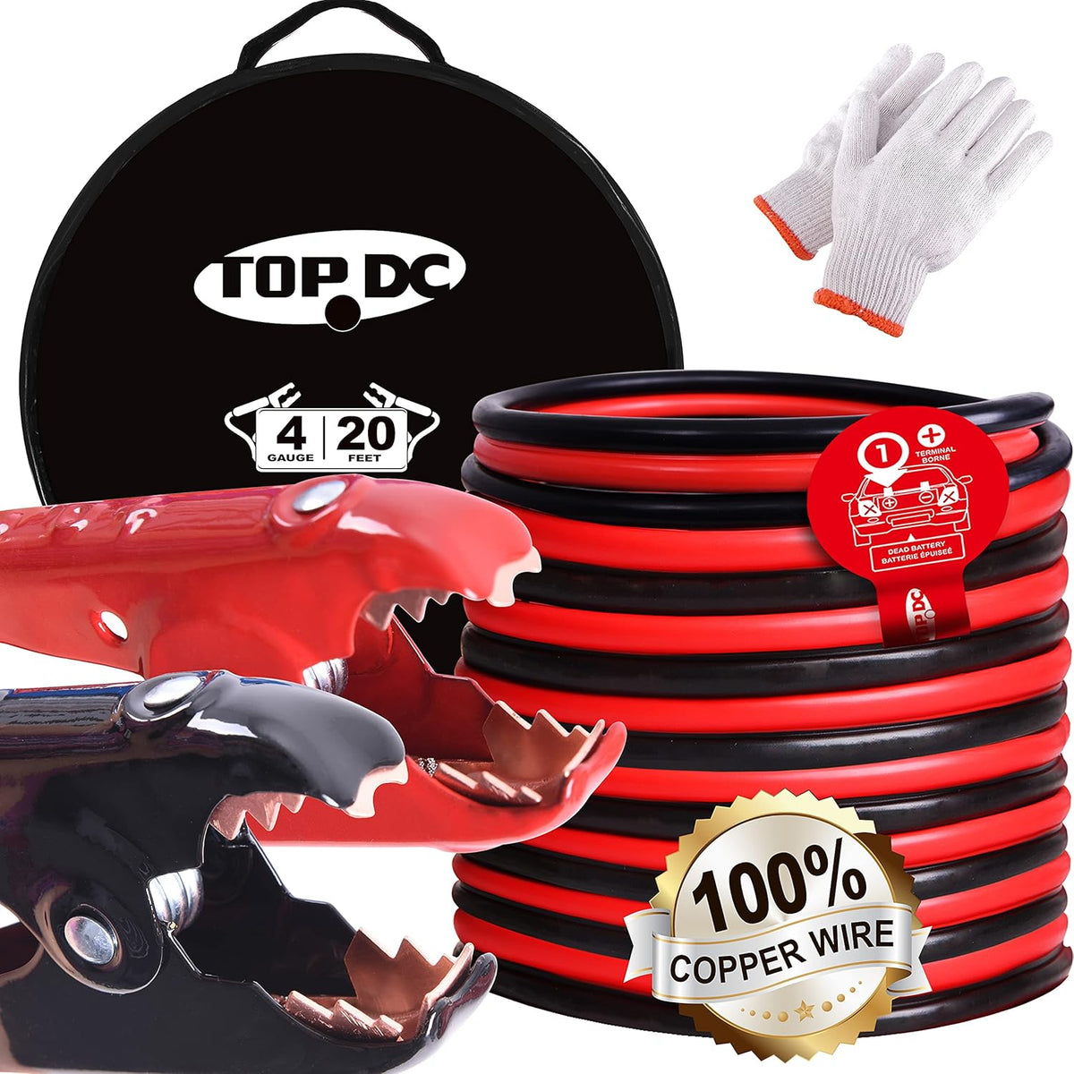 100% Copper Jumper Cables 4 Gauge 20 Feet Heavy Duty Booster Cables with Carry Bag and Safety Gloves D4740