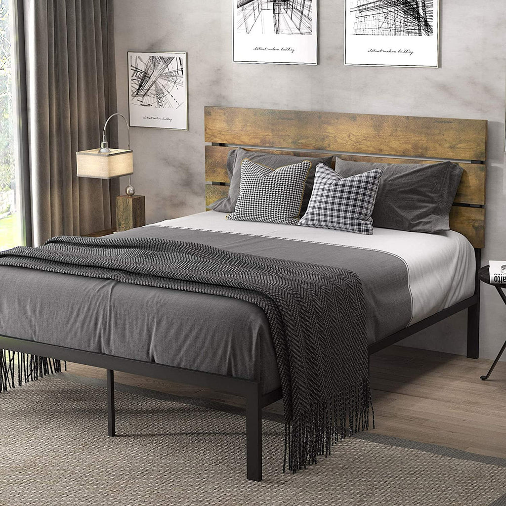 Queen Size Rustic Industrial Platform Bed Frame with Wood Headboard T93618