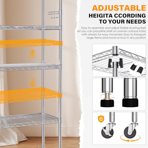 5 Tier Heavy Duty Metal Rolling Shelving Unit with Wheels & 8 Hooks, Black Y113647