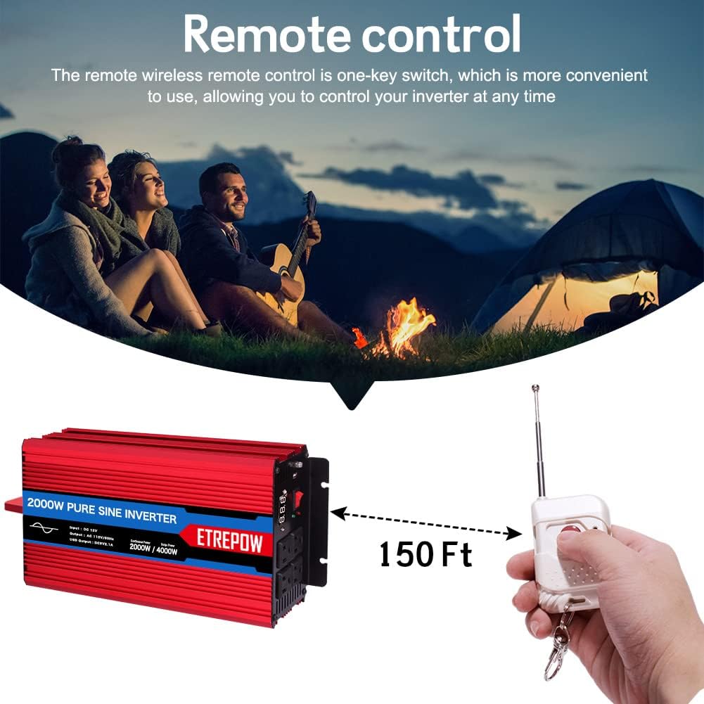 2000 Watt Pure Sine Wave Power Inverter 12V DC to 110V AC Wireless Remote Control D80334