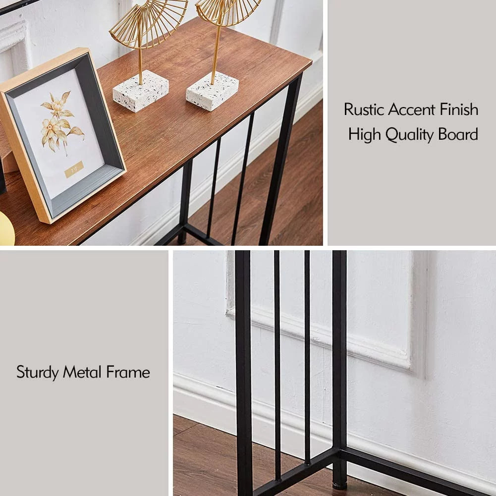 Industrial Console Table, Wood Look Metal Frame J991