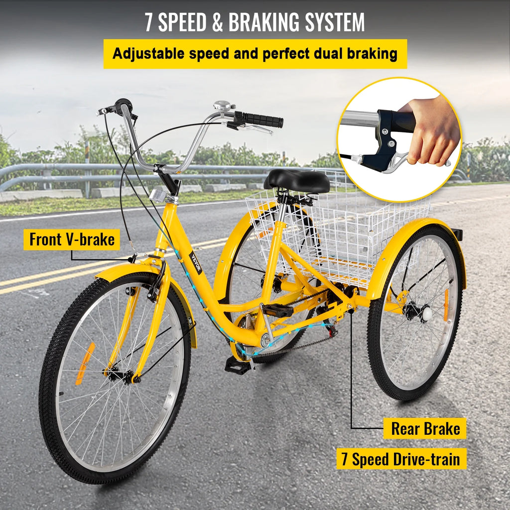 26in 7 Speed 3-Wheels Adult Tricycle with Basket M3652