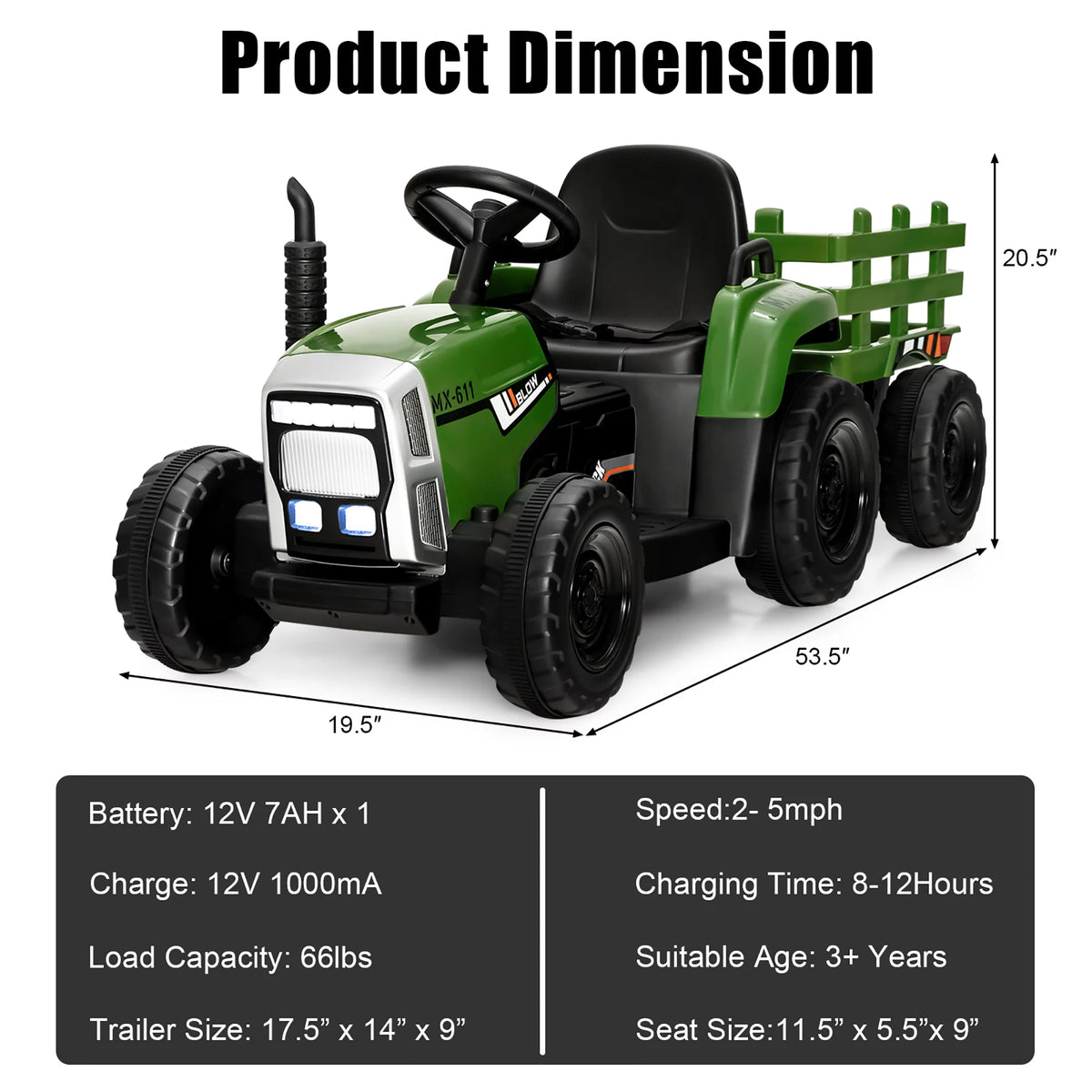 12V Kids Ride On Tractor with Trailer Dark Black K42796