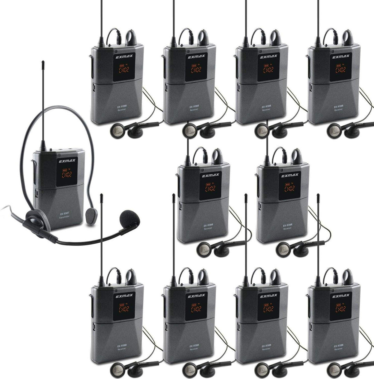 UHF Wireless Voice Audio Transmission System - 1 Transmitter & 10 Receivers Q555