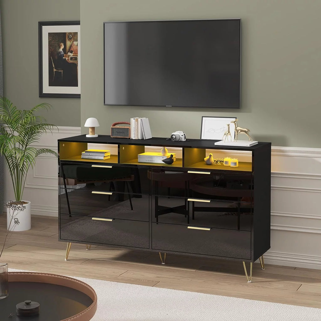 White 6 Drawer Wood Dresser with LED Lights T136484