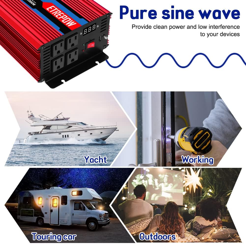 2000 Watt Pure Sine Wave Power Inverter 12V DC to 110V AC Wireless Remote Control D80334