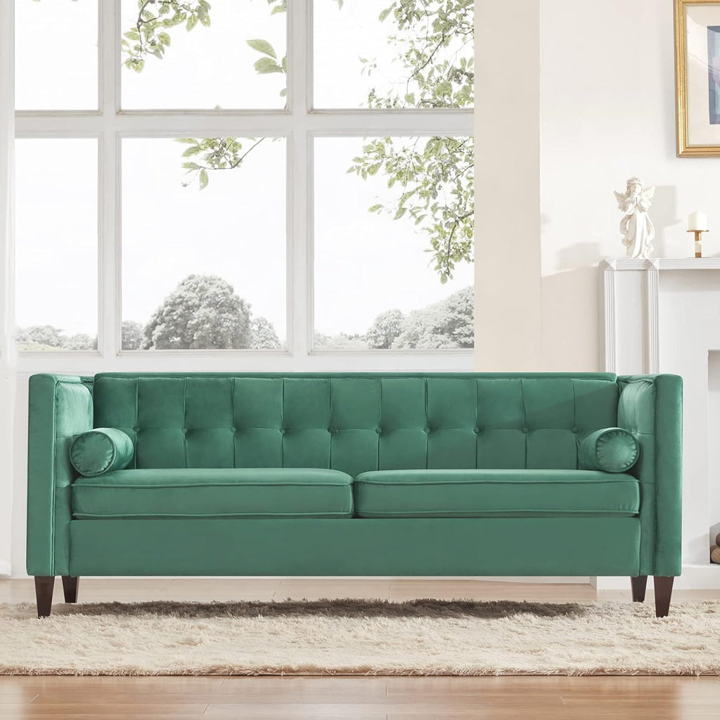 Green Velvet Sofa with Bolster Pillows L305